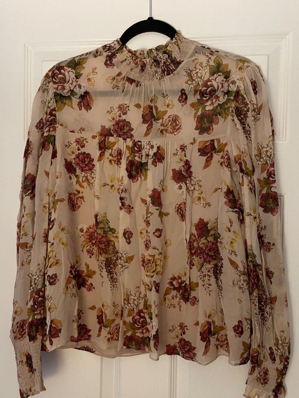 Zara Floral Long Sleeve Sheer Shirt, Tan, Brown Burgundy, Size Large